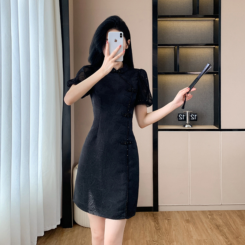 실사 여름 새로운 나비 자카드 패치워크 레이스 달콤함 개선 치파오 다이아몬드 세팅 드레스