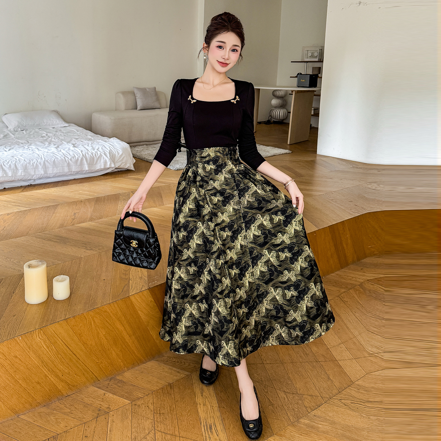 RY2275# 实拍春款大码方领拼接提花设计感复古法式高级蓬蓬连衣裙