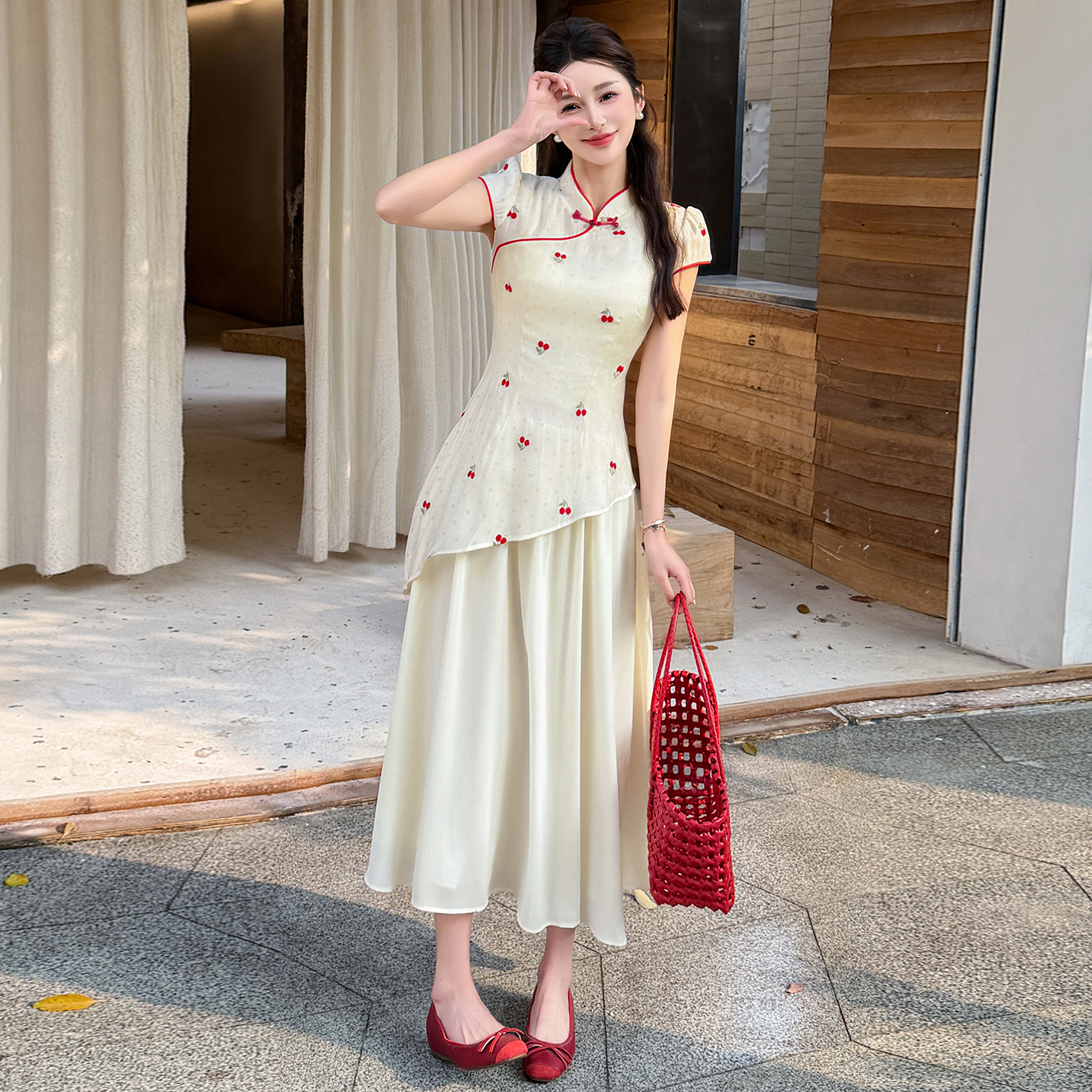 RY2910# 实拍夏季改良旗袍刺绣樱桃甜美拼接大摆改良旗袍连衣裙