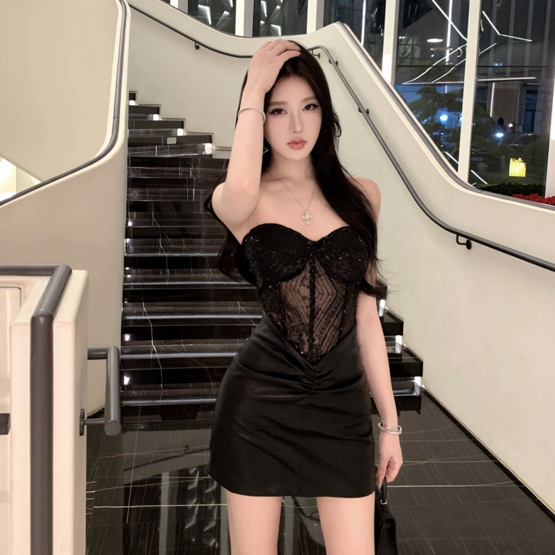 实拍实价  辣妹蕾丝拼接修身显瘦包臀连衣裙短款