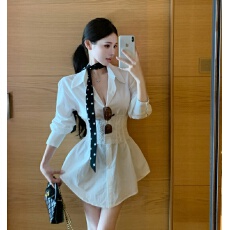 批发实拍实价 辣妹翻领单排扣长袖<b class='q'>衬衫</b>长款2件套 +蕾丝绑带腰封有鱼骨