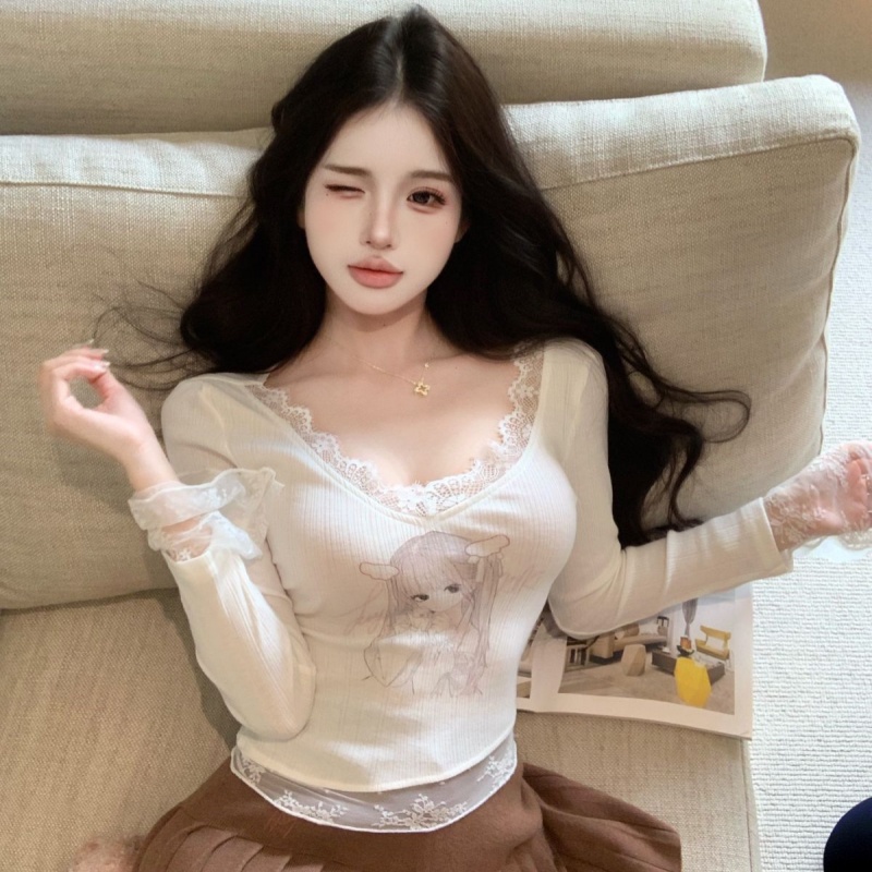 실사 정가 몸매 가꾸기 티셔츠 레이스 레이스 만화 프린트 긴팔 맨위