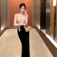 批发实拍实价 御姐性感透视开叉镂空蕾丝拼接吊带宴会<b class='q'>礼服</b>连衣裙