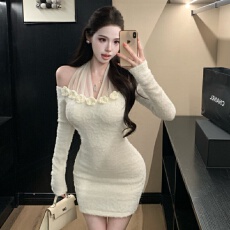 批发实拍实价性感网纱拼接长袖女秋季新款修身显瘦露肩辣妹包臀<b class='q'>连衣裙</b>