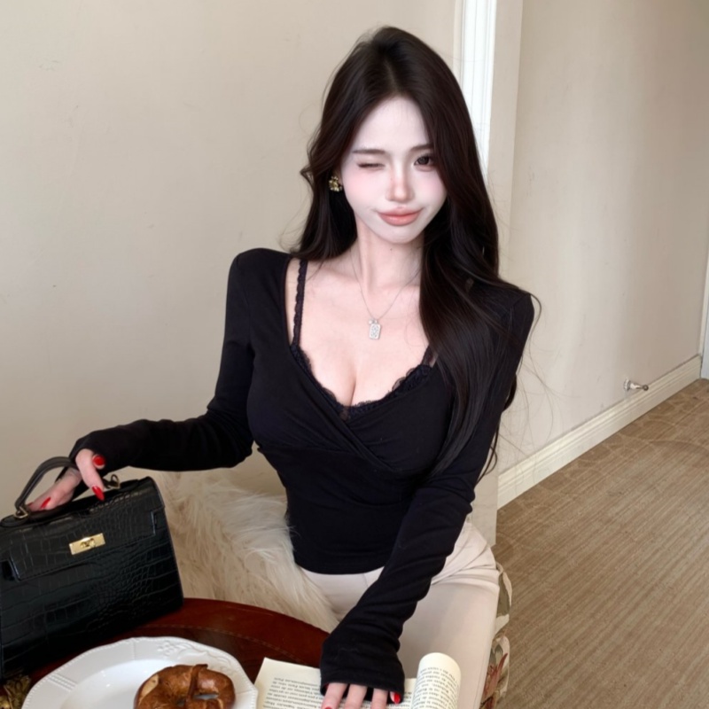 实拍实价 辣妹蕾丝拼接假2件长袖衫女秋冬新款韩系显瘦上衣