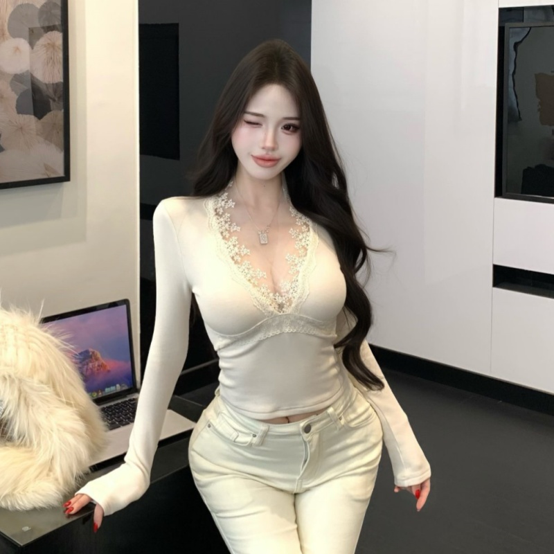BY31304# 蕾丝边V领打底衫女秋冬新款别致修身显瘦百搭长袖上衣  服裝批發女裝批發服飾貨源