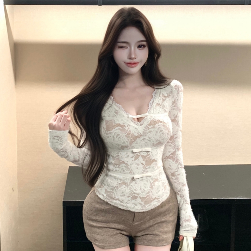 실사 정가 V넥 허리 수축 기본 셔츠 여성 가을 겨울철 몸매 가꾸기 레이스 인사이드 가져 가라. 긴팔 맨위