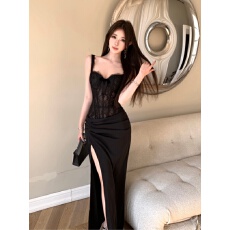 批发实拍实价 宴会氛围鱼骨蕾丝拼接假两件开叉修身气质长款连衣裙