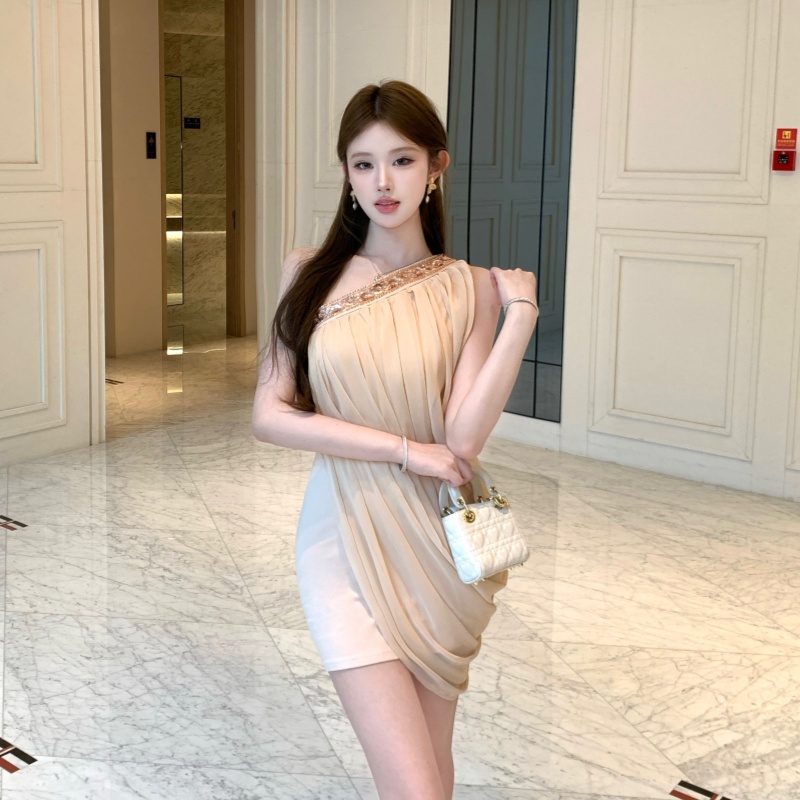 RY5647# 重工镶钻斜肩女夏季千金名媛风气质不对称连衣裙