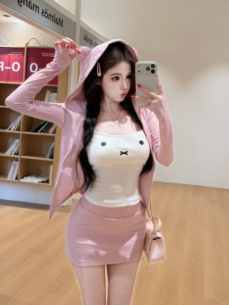 甜欲猫咪印花吊带套装女连帽开衫修身包臀裙三件套 服裝批發女裝批發服飾貨源