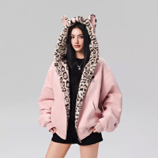 批发有货 90Achock官方店穆祉丞同款兔耳保暖卫衣豹纹拉链连帽加绒