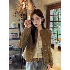 批发美式复古拿破仑麂皮绒外套<b class='q'>女</b>秋季新款韩系小个子短款立领正肩<b class='q'>夹克</b>