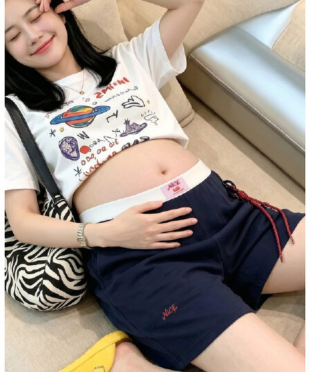 임산부 여름 새로운 반바지 외출용 캐주얼 루즈핏 넓은 다리 오부 바지 임산부 바지