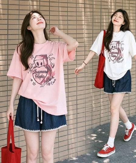 임산부 여름 외출용 얇은 스타일 캐주얼 루즈핏 반팔 맨위 여름 드레스 투피스 세트