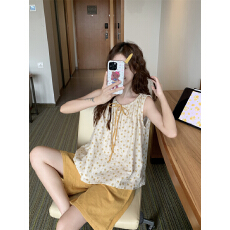 批发实拍  夏季新款小清新无袖短裤套装纯棉纱布碎花圆领套头家居服