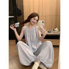 批发实拍 烟波蓝简约舒适<b class='q'>纯棉</b>纱布背心/短长裤可外穿<b class='q'>家居服</b>睡衣套装