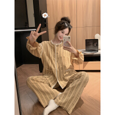 批发实拍 韩系秋冬新款<b class='q'>纯棉</b>纱布咖色条纹拼接蕾丝花边家居服<b class='q'>睡衣</b>套装