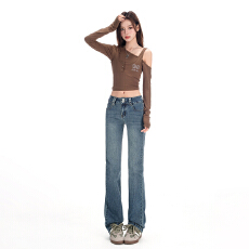 批发实拍直筒喇叭牛仔裤女<b class='q'>春</b>秋新款低腰显瘦弹力窄版加长拖地裤子