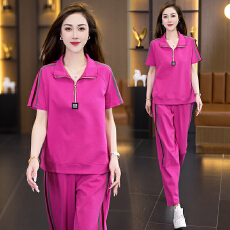 批发实拍简约休闲套装2026夏季新款时尚宽松减龄立领上衣哈伦裤两件套