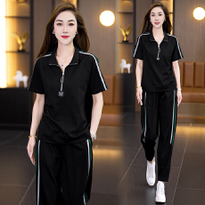 批发实拍简约休闲套装2026夏季新款时尚宽松减龄立领上衣哈伦裤两件套