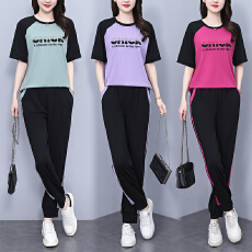 批发实拍休闲运动套装2026夏季新款简约减龄拼色圆领上衣束脚裤两件套