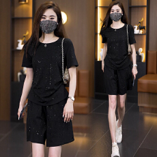 批发休闲套<b class='q'>装</b>2026夏季新款时尚遮肚显瘦设计感烫钻修身短袖短<b class='q'>裤</b>两件套