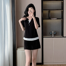 批发休闲运动套<b class='q'>装</b>2026夏季洋气显瘦简约假两件纯色拼接短袖短<b class='q'>裤</b>两件套