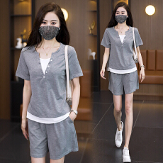 批发休闲运动套<b class='q'>装</b>2026夏季洋气显瘦简约假两件纯色拼接短袖短<b class='q'>裤</b>两件套