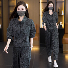 批发实拍2025秋新款时尚洋气宽松遮肉显瘦提花腰果花上衣哈伦裤两件套