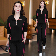 批发实拍休闲<b class='q'>时尚</b>妈妈套装2026春新款宽松减龄显瘦拼色立领上衣阔腿裤