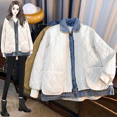 批发实价实拍牛仔拼接假两件菱形格棉衣女冬2025新款设计感小棉袄外套