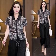 批发实拍时尚套装2026夏季新款休闲洋气下摆抽绳设计<b class='q'>衬衫</b>阔腿裤两件套