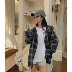 批发实拍大码撞色格纹美式连帽长袖衬衫女复古<b class='q'>街头</b>宽松休闲POLO衫潮牌