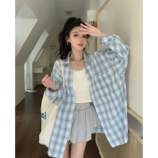 批发实拍大码小个子春装格子衬衫慵懒风设计感长袖衬衣通勤<b class='q'>上衣</b><b class='q'>外套</b>女