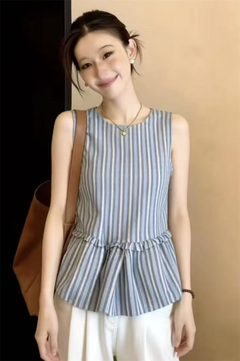 실사 빅 사이즈 한 부서 레트로 스타일 스트라이프 민소매 조끼 여성 셔츠 여름 루즈핏 슬림해 보이는 프릴 다용도 맨위