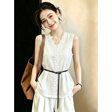实拍大码甜美风法式V领蕾丝拼接无袖衬衫女白色收腰气质上衣