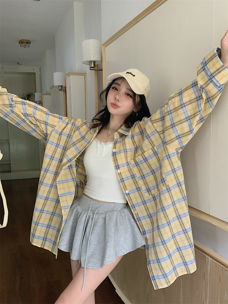 실사 빅 사이즈 자외선 차단 셔츠 느긋한 바람 조심해. 기계 디자인 센스 하트 배색 체크무늬 여성 셔츠