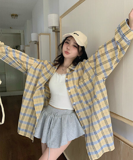 실사 빅 사이즈 자외선 차단 셔츠 느긋한 바람 조심해. 기계 디자인 센스 하트 배색 체크무늬 여성 셔츠