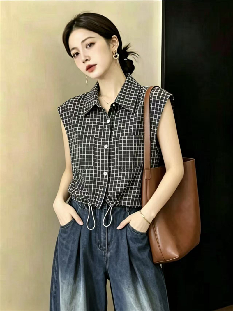 실사 빅 사이즈 외국 가스 POLO 칼라 민소매 체크무늬 여성 셔츠 지방 mm 슬림해 보이는 고유 한 슈퍼 잘 생긴 맨위