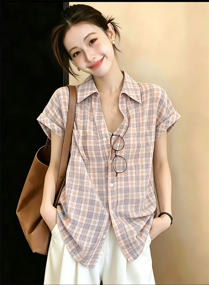 실사 빅 사이즈 여름 체크무늬 반팔 여성 셔츠 다용도 단추 POLO 칼라 맨위