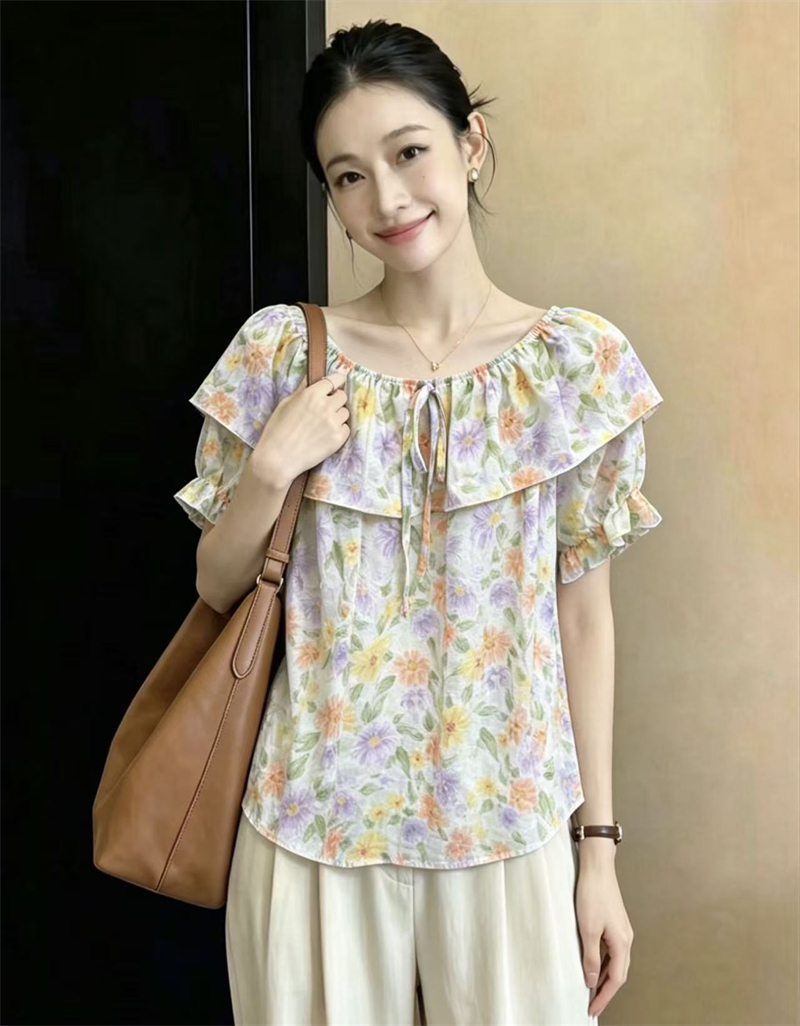 실사 빅 사이즈 프랑스식 낭만주의 바람 보트넥 꽃무늬 여성 셔츠 여름 반팔 레이스업 프릴 외국 가스 맨위