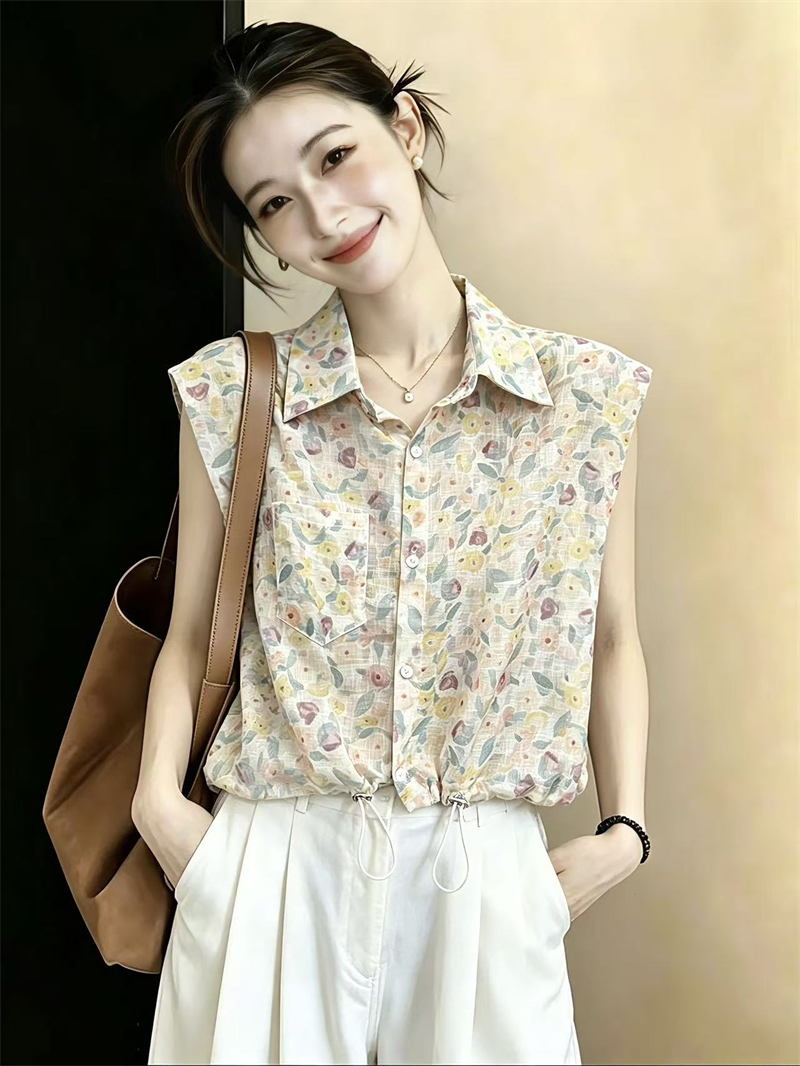 실사 빅 사이즈 한 부서 꽃무늬 폴로 칼라 체크무늬 민소매 여성 셔츠 여름 다용도 펌프 로프 허리 수축 작은 셔츠 맨위 트렌디