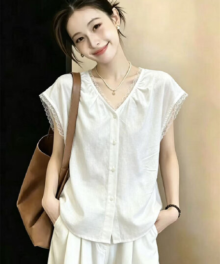 실사 빅 사이즈 여름 새로운 프랑스식 레트로 품격 V넥 여성 셔츠 미니멀리즘 작은 대중 Chic 셔츠 맨위