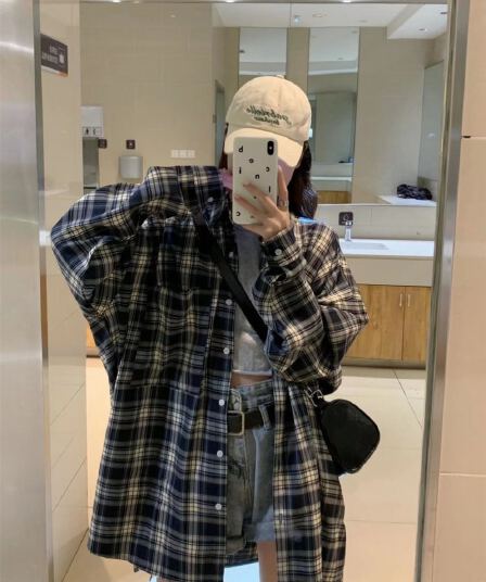 실사 빅 사이즈 가을 의상 체크무늬 여성 코트 레트로 홍콩 느낌 셔츠 루즈핏 외출용 오픈 가디건 ins 트렌디