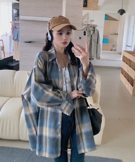 실사 빅 사이즈 아메리칸 레트로 가을 의상 격자 무늬 셔츠 여성 긴 소매 루즈핏 느긋한 바람 셔츠 재킷