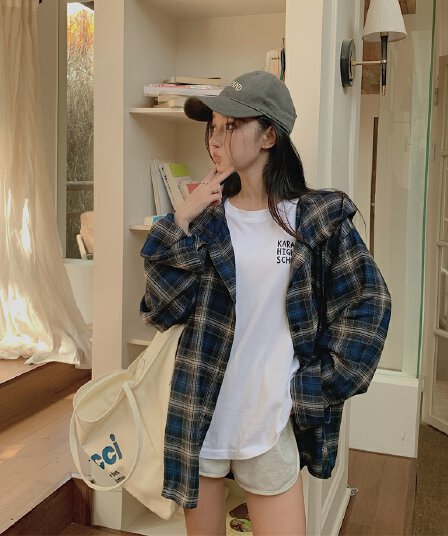 실사 빅 사이즈 배색 체크무늬 아메리칸 후드 긴팔 여성 셔츠 레트로 거리 루즈핏 캐주얼 POLO 셔츠 조수 브랜드