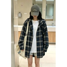 批发实拍大码秋装撞色格纹美式连帽长袖衬衫女复古<b class='q'>街头</b>宽松休闲POLO衫