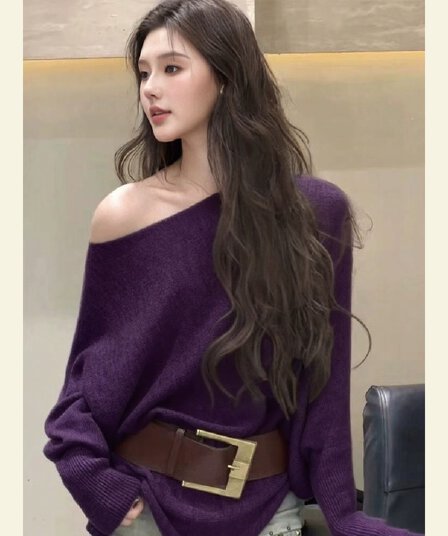 이른 가을 한 부서 착용 잡아라. 의류 작은 대중 아니요 명중 섹션 빛 럭셔리 고급 센스 로얄 자매 바람 보라색 비스듬한 어깨 허리 수축 니트 스웨터