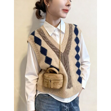 批发韩国chic秋冬加厚复古文艺风v领撞色镶边刺绣长袖针织马甲女