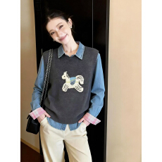 批发实拍针织马甲<b class='q'>牛仔</b>衫套装